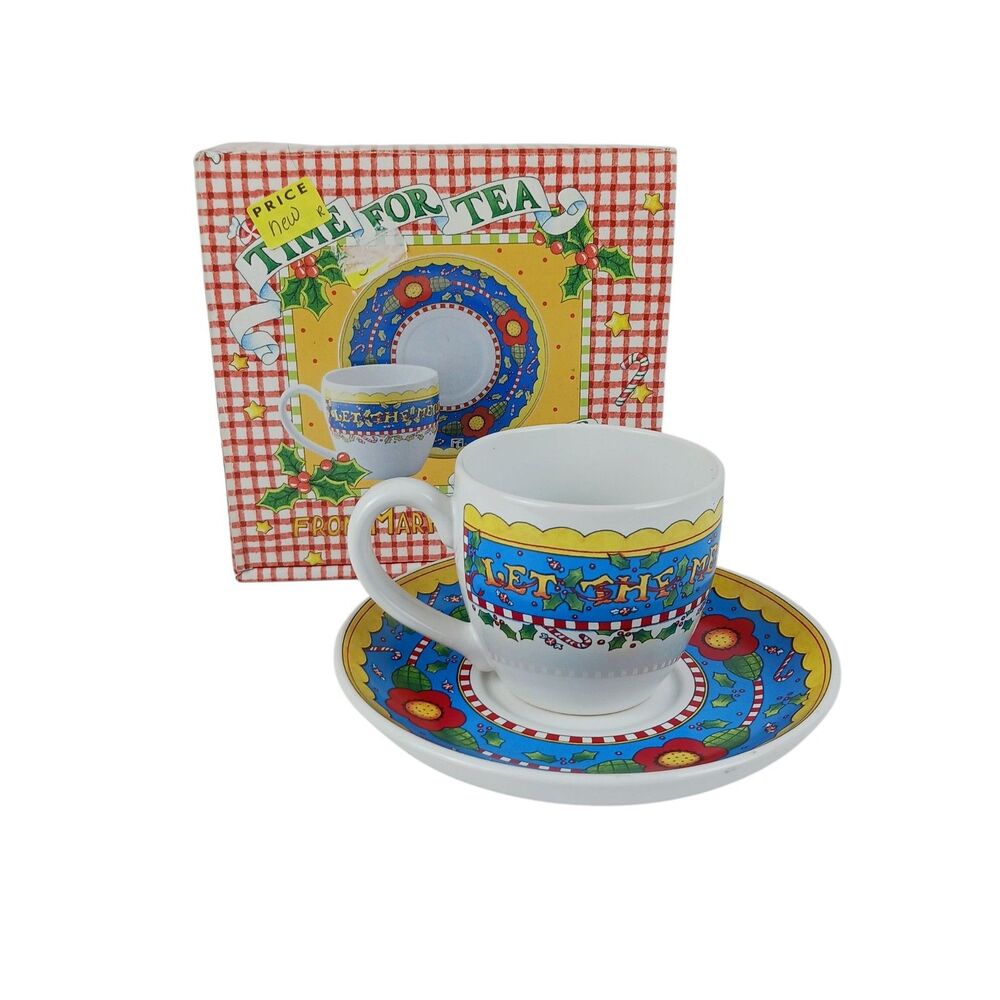 VTG  Mary Engelbreit "LET THE MERRYMAKING BEGIN" Teacup & Saucer Xmas 90s Box